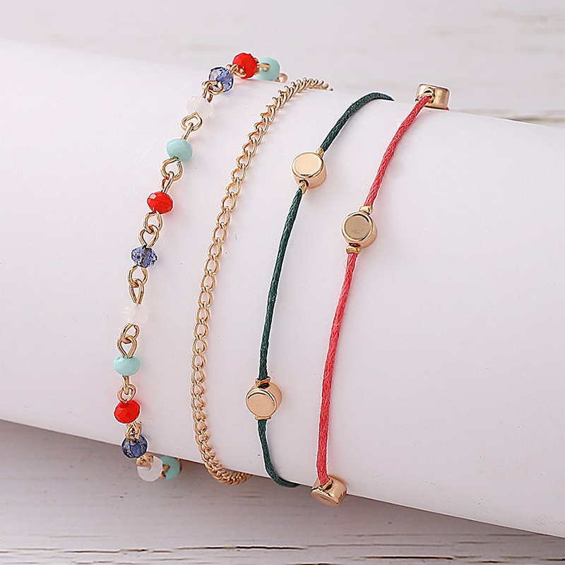 Bohemian Color Bead Cylindrical Metal Anklet Set