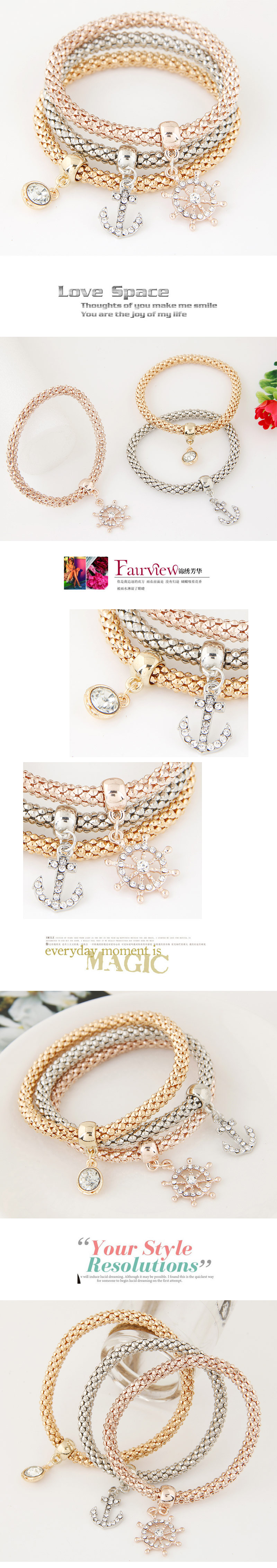 fashion diamond anchor pendant multilayer bracelet