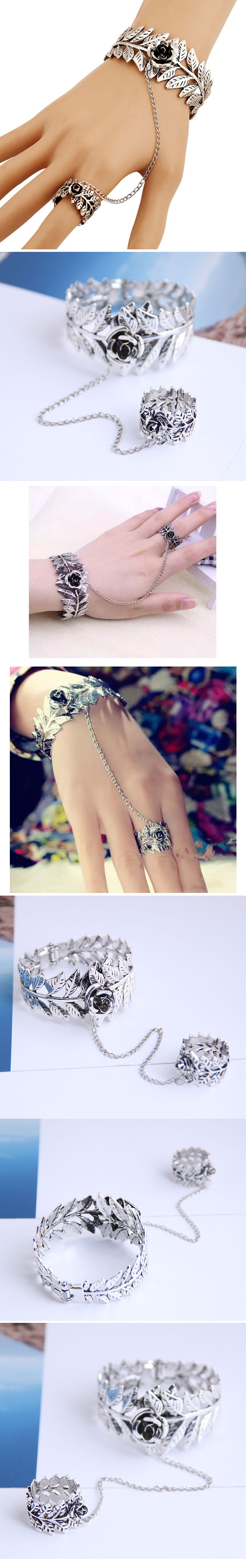 Fashion Retro Simple Rose Flower Leaf Open Chain Ring Bracelet wholesale nihaojewelry