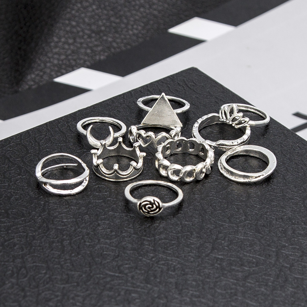 new crown retro carved star and moon black gem symbol ten-piece ring set wholesale