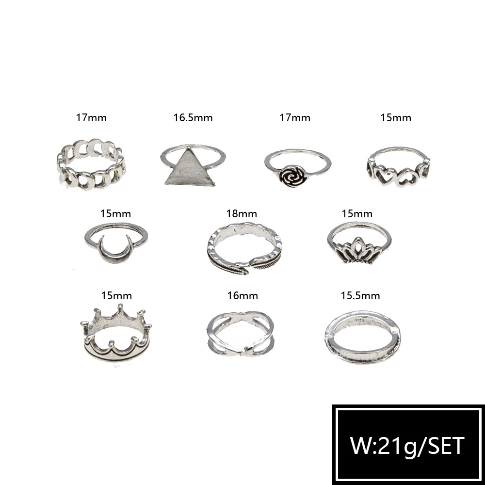 new crown retro carved star and moon black gem symbol ten-piece ring set wholesale