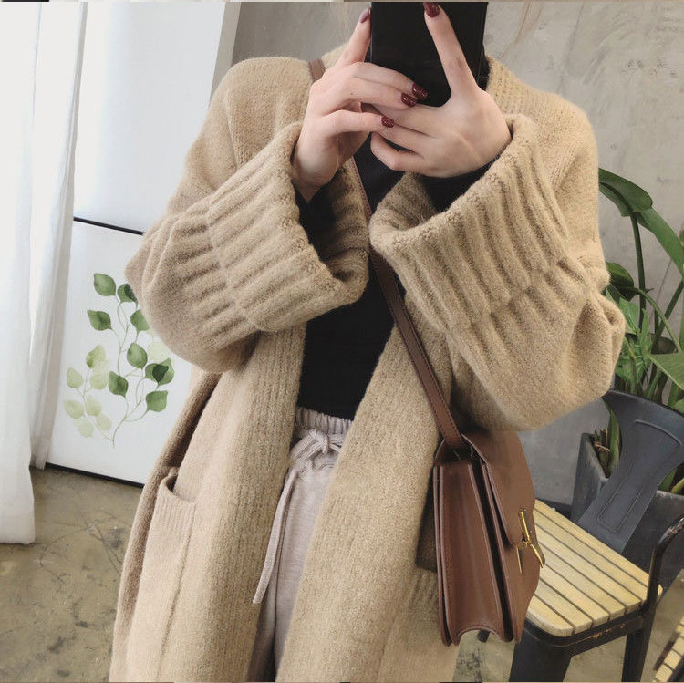 Loose big pockets midlength knit sweater cardigan women net red thick sweater coatpicture2