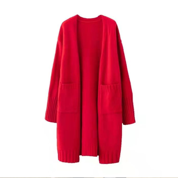 Loose big pockets midlength knit sweater cardigan women net red thick sweater coatpicture5