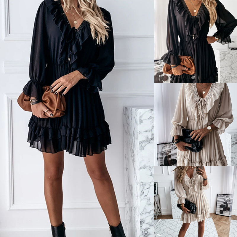Fall 2021 new solid color Vneck longsleeved laceup ruffle dress womens clothingpicture1