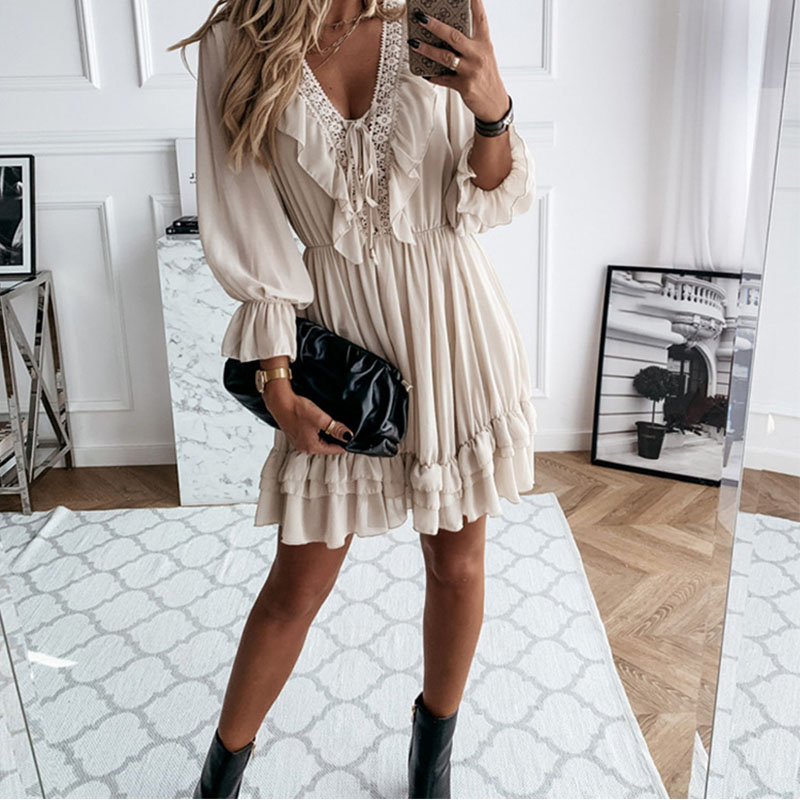 Fall 2021 new solid color Vneck longsleeved laceup ruffle dress womens clothingpicture4