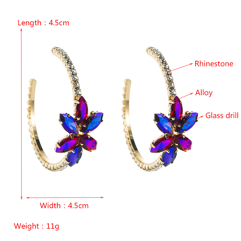 simple alloy inlaid color rhinestone flower earrings C-shaped earring