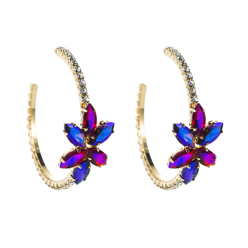 simple alloy inlaid color rhinestone flower earrings C-shaped earring