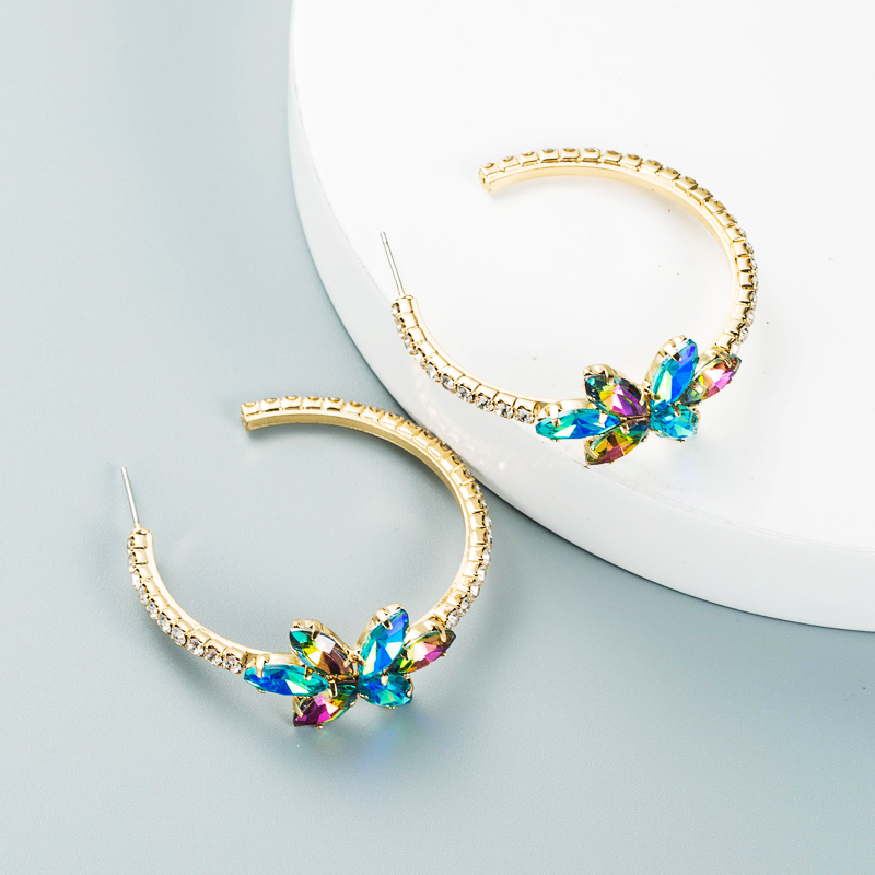 simple alloy inlaid color rhinestone flower earrings C-shaped earring