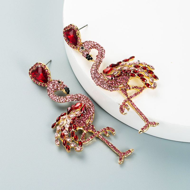 personality creative alloy inlaid rhinestone full diamond flamingo earrings animal earringspicture4