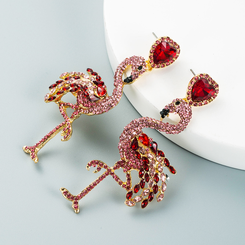 personality creative alloy inlaid rhinestone full diamond flamingo earrings animal earringspicture6