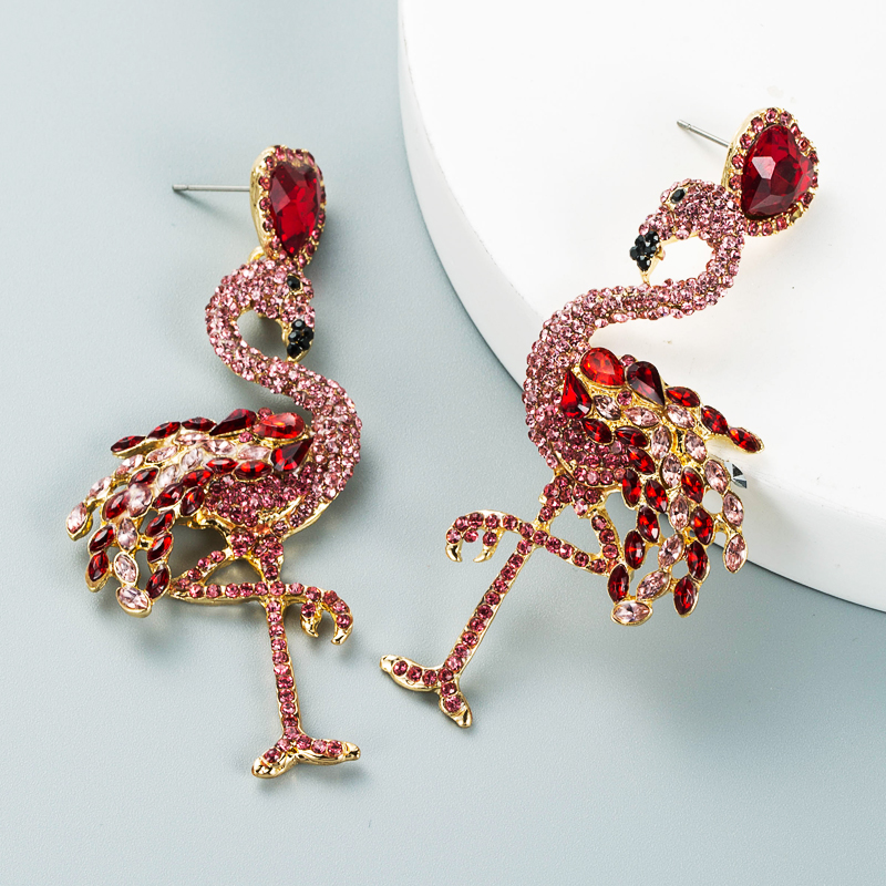 personality creative alloy inlaid rhinestone full diamond flamingo earrings animal earringspicture7