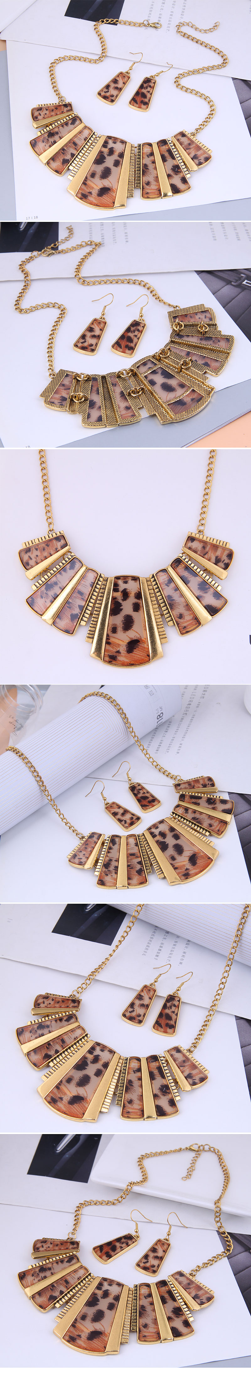 fashion leopard print concise geometric modeling temperament short necklace earrings set