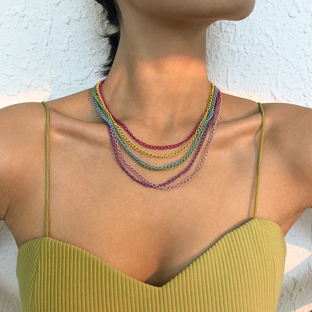 Simple Exaggerated Geometric Color Chain Multilayer Necklace