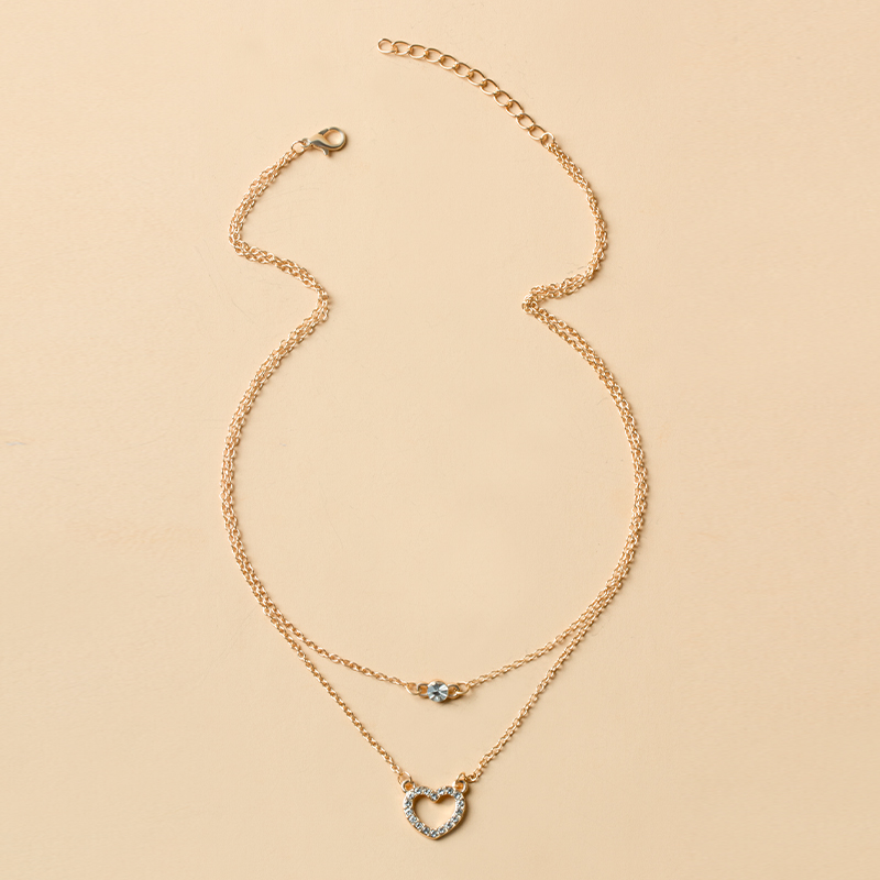 diamond-studded peach heart two-layer necklace