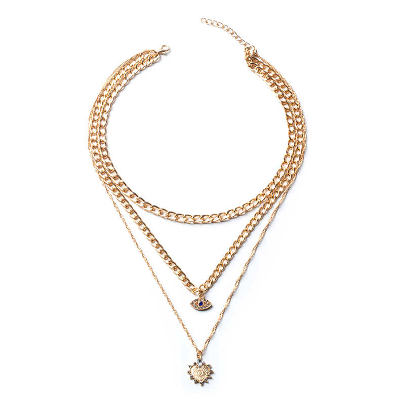 diamond-studded peach heart and eyes three-layer necklace