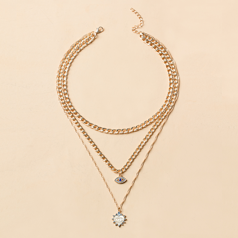 diamond-studded peach heart and eyes three-layer necklace