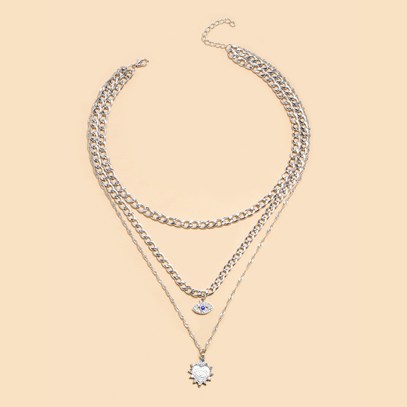 diamond-studded peach heart and eyes three-layer necklace