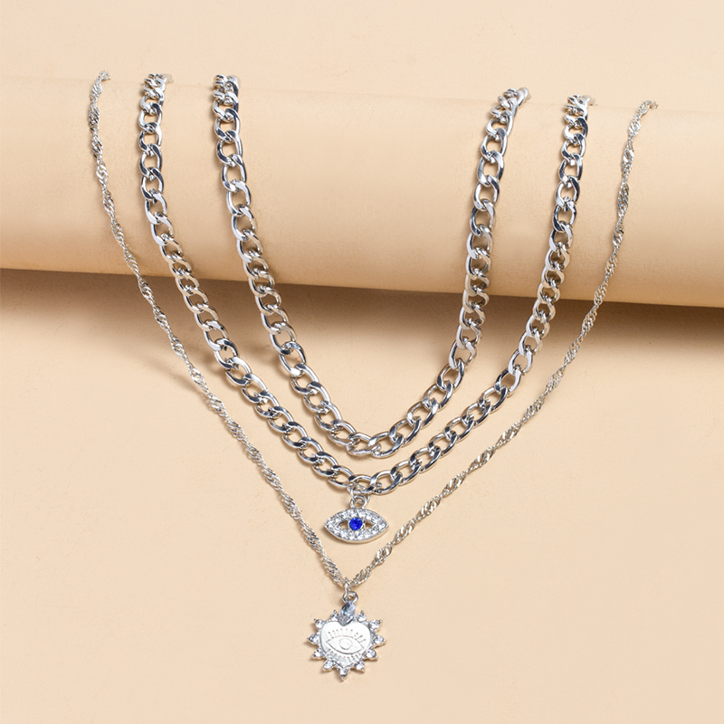 diamond-studded peach heart and eyes three-layer necklace