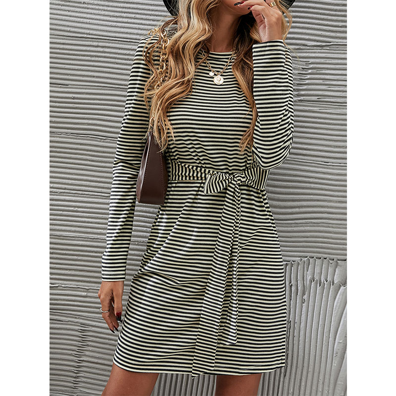 Fall New Round Neck Striped Long Sleeve Laceup Dresspicture1