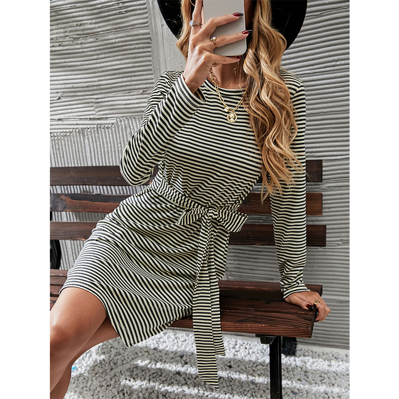Fall New Round Neck Striped Long Sleeve Laceup Dresspicture3