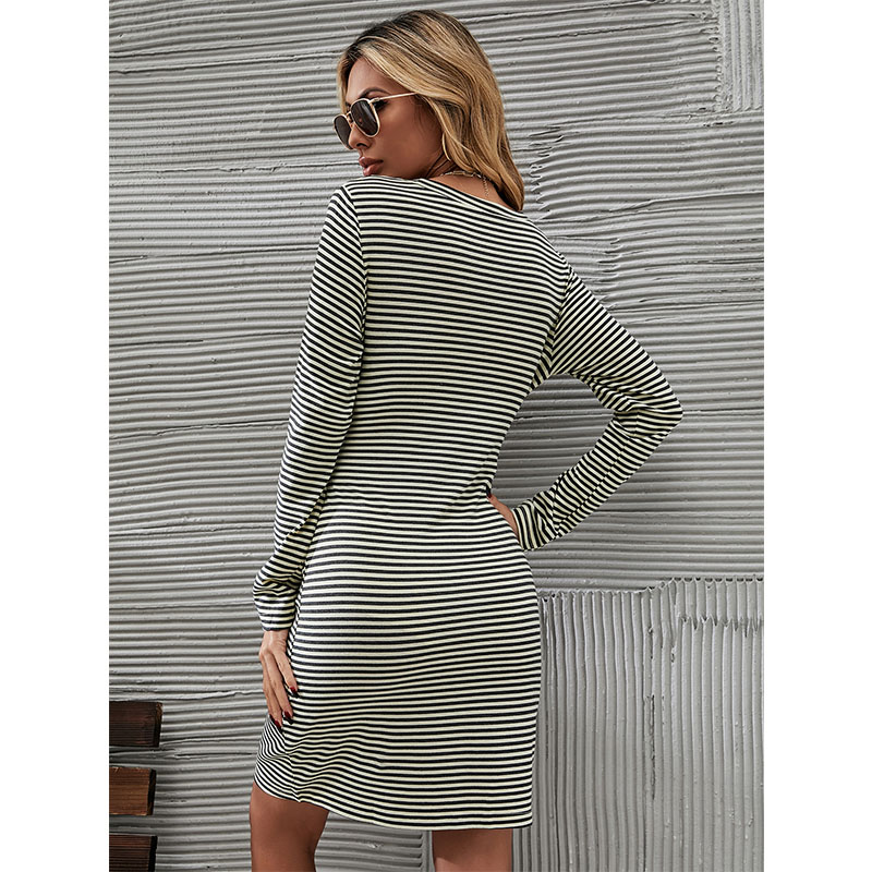Fall New Round Neck Striped Long Sleeve Laceup Dresspicture4