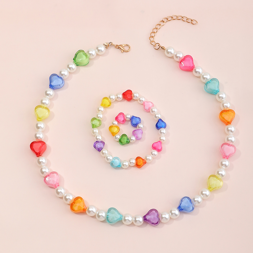 Heart Color Rice Bead Necklace Bracelet Ring Setpicture1