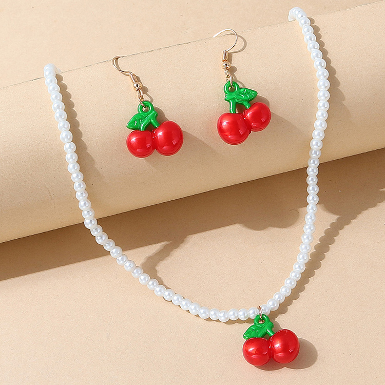Korean fruit creative retro pearl cherry earrings necklace setpicture1