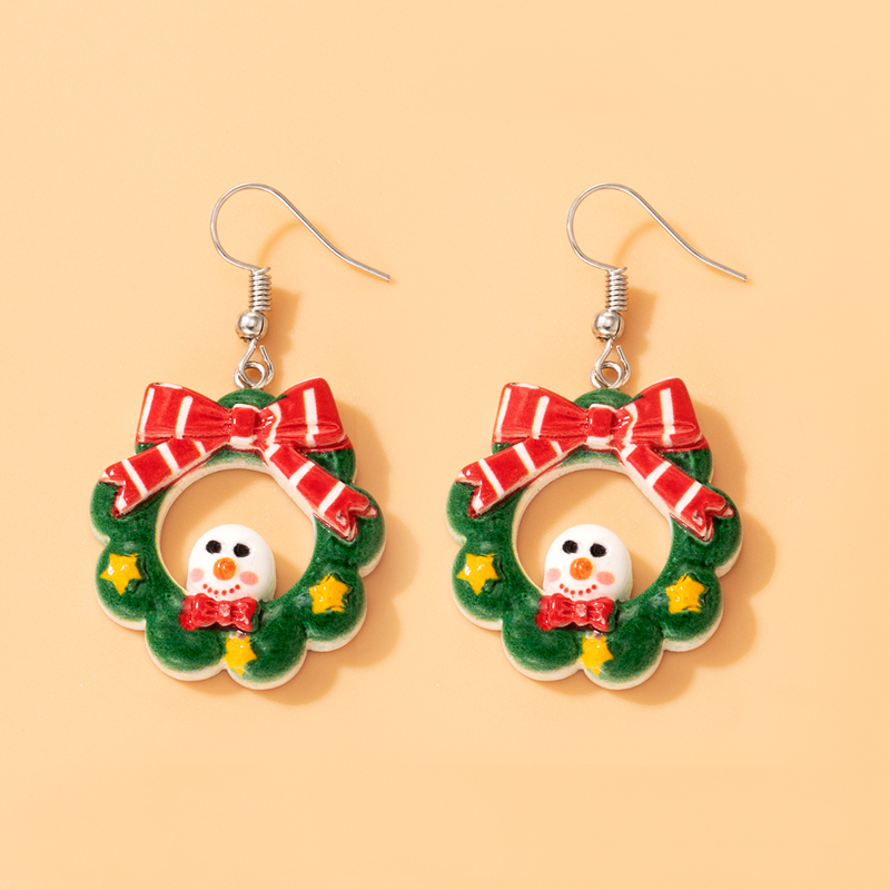 European and American color resin Christmas wreath ear hook snowman bow earringspicture2