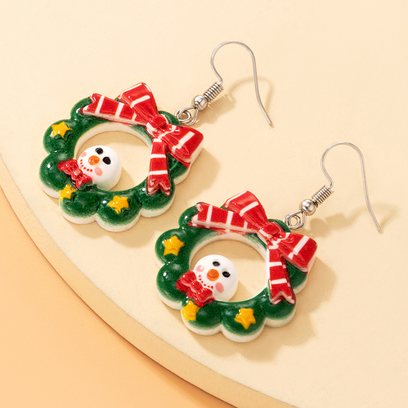 European and American color resin Christmas wreath ear hook snowman bow earringspicture4