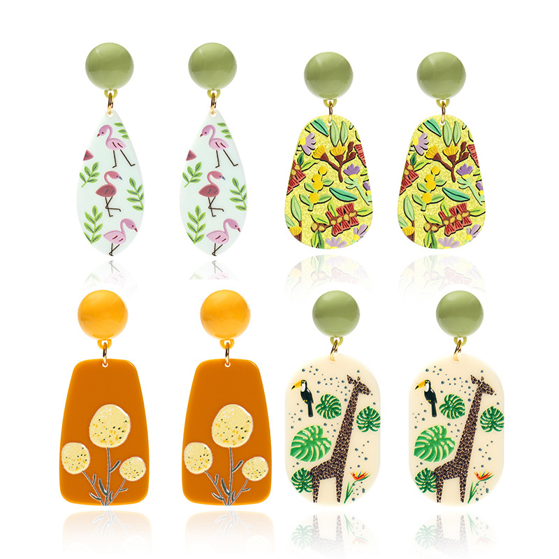 Acrylic embossed threedimensional printing flamingo giraffe green leaf pattern earrings femalepicture5