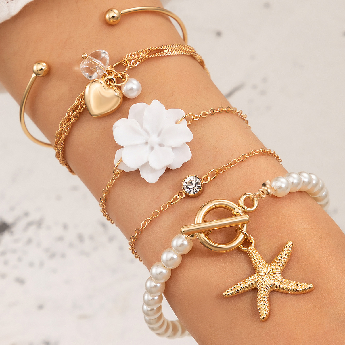 new creative white flower heart starfish pendant pearl bracelet fivepiece femalepicture2