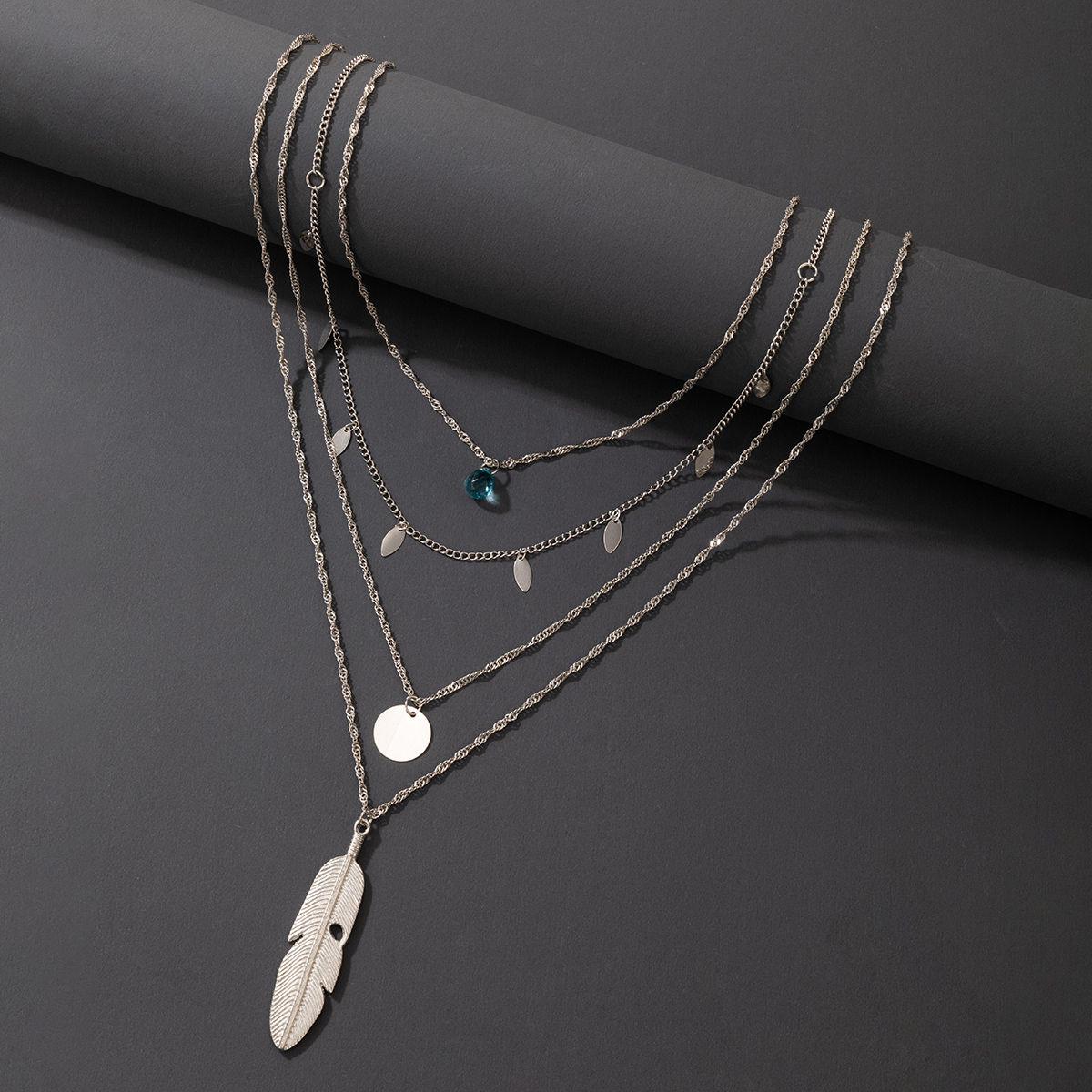 exaggerated hiphop jewelry metal feather multilayer necklace chain disc fourlayer necklacepicture2