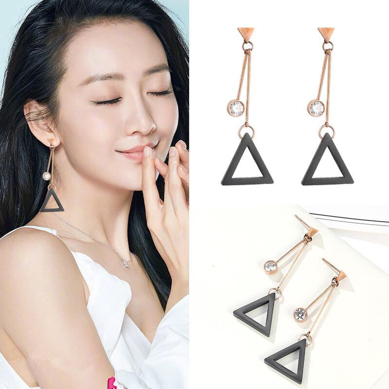 Womens Titanium Steel Triangle Diamond Pendent Earrings Wholesalepicture1
