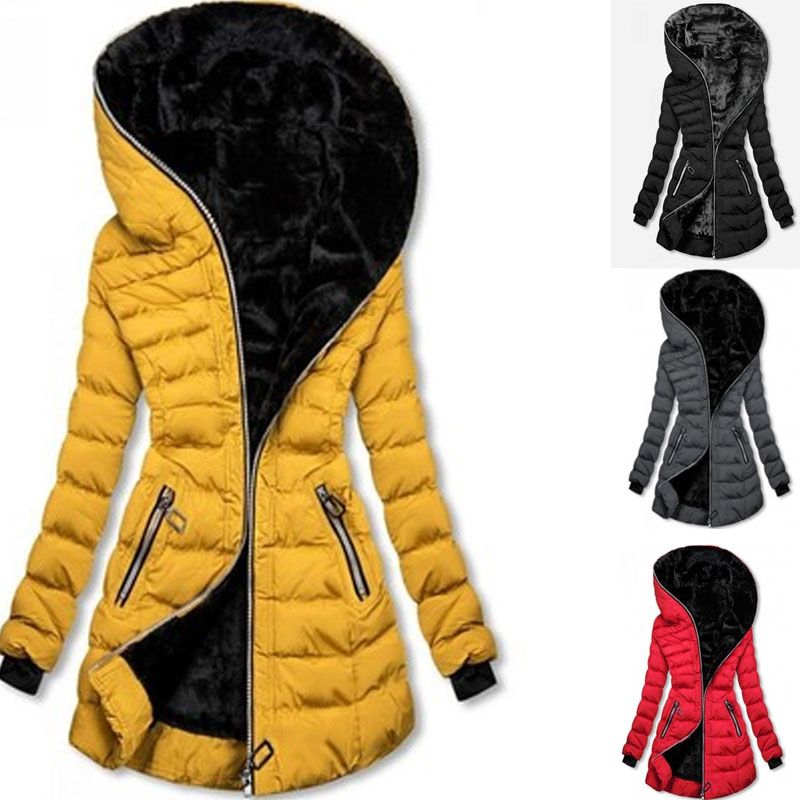 Ladies hooded longsleeved warm and fleece padded winter midlength zipper jacketpicture1