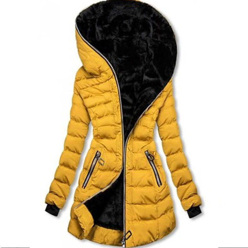 Ladies hooded longsleeved warm and fleece padded winter midlength zipper jacketpicture2