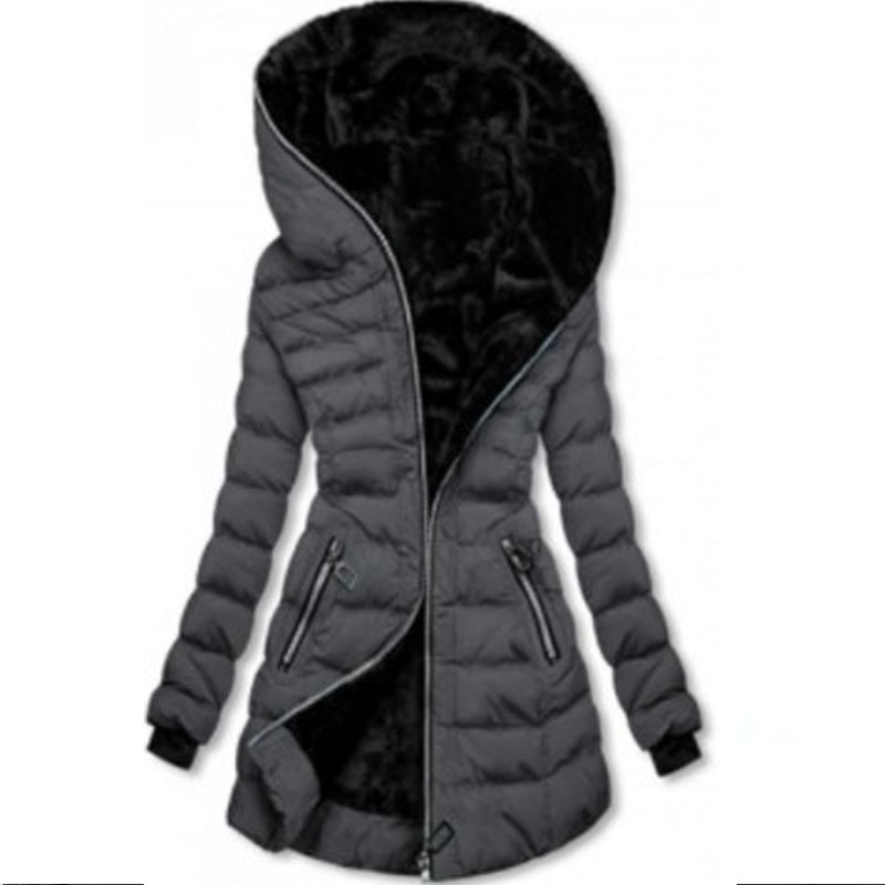 Ladies hooded longsleeved warm and fleece padded winter midlength zipper jacketpicture3
