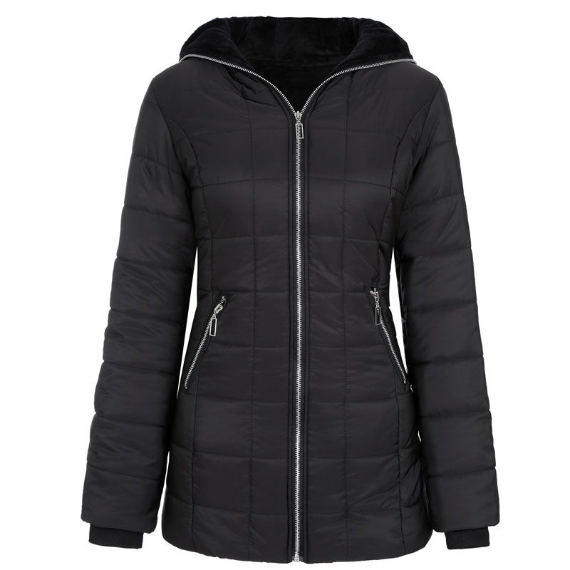 Ladies hooded longsleeved warm and fleece padded winter midlength zipper jacketpicture5