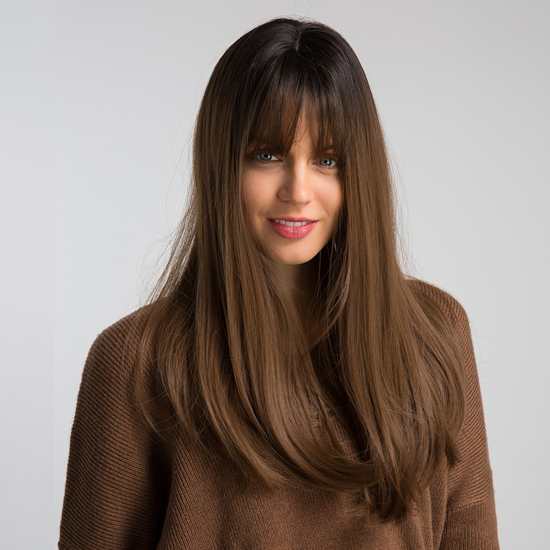 Brown Long Straight Hair with Bangs Womens Daily Wigpicture4