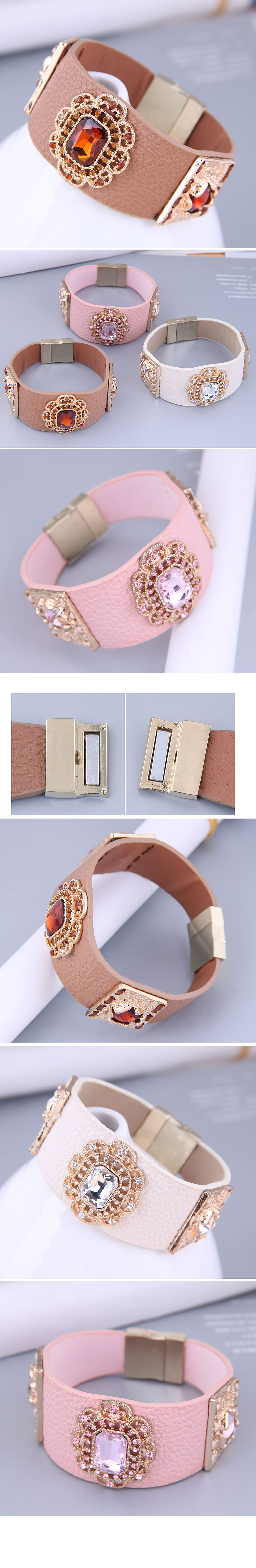 European and American fashion metal accessories gemstone leather bracelet