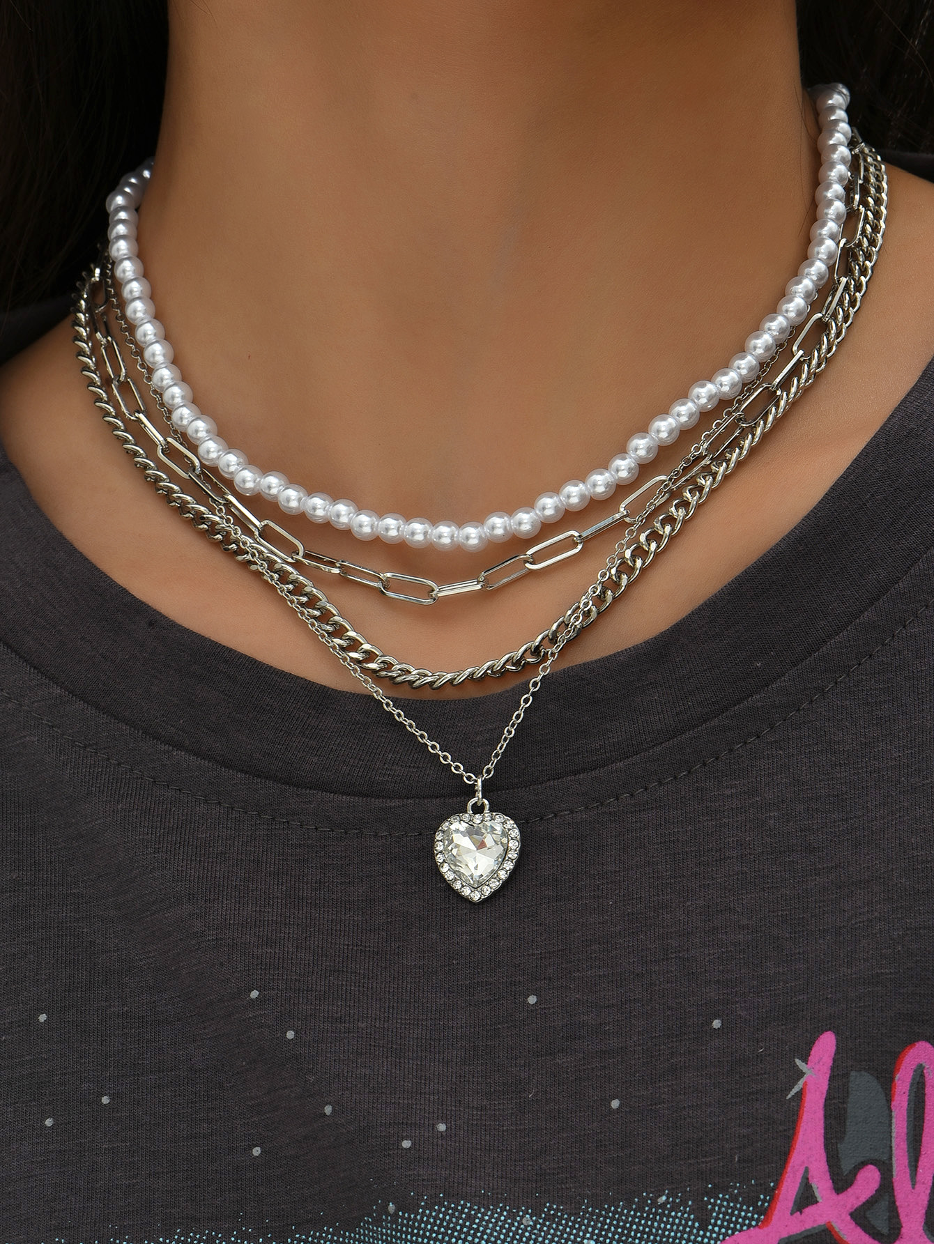 Europische und amerikanische Modeimitation Perlenherz mehrschichtiger weiblicher Halskettenschmuckpicture1