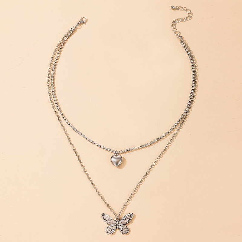 Fashion Simple Retro Silver Heart Full Rhinestone Butterfly Pendant Doublelayer Necklacepicture3