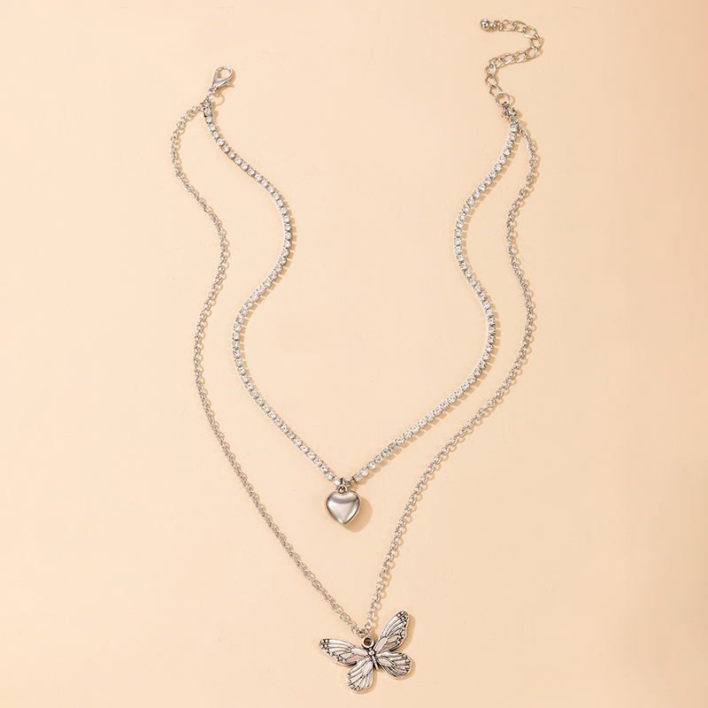 Fashion Simple Retro Silver Heart Full Rhinestone Butterfly Pendant Doublelayer Necklacepicture5