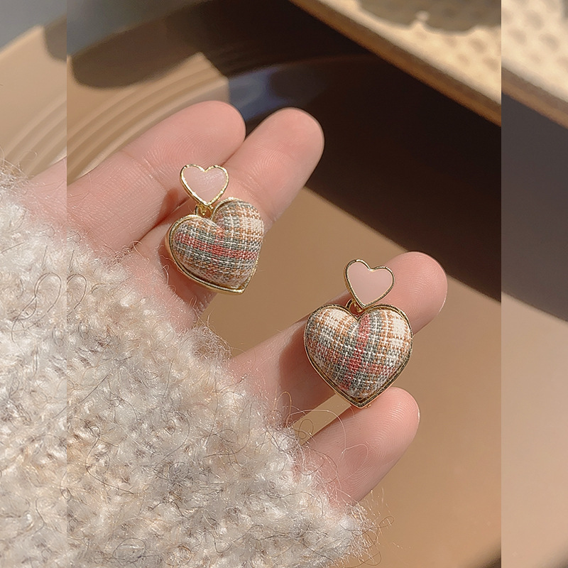 Plaid Heart Earrings Winter Simple Fabric Earrings Korean Fashion Earrings Trend