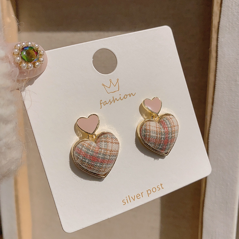 Plaid Heart Earrings Winter Simple Fabric Earrings Korean Fashion Earrings Trend