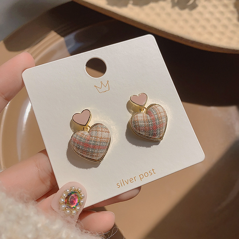 Plaid Heart Earrings Winter Simple Fabric Earrings Korean Fashion Earrings Trend