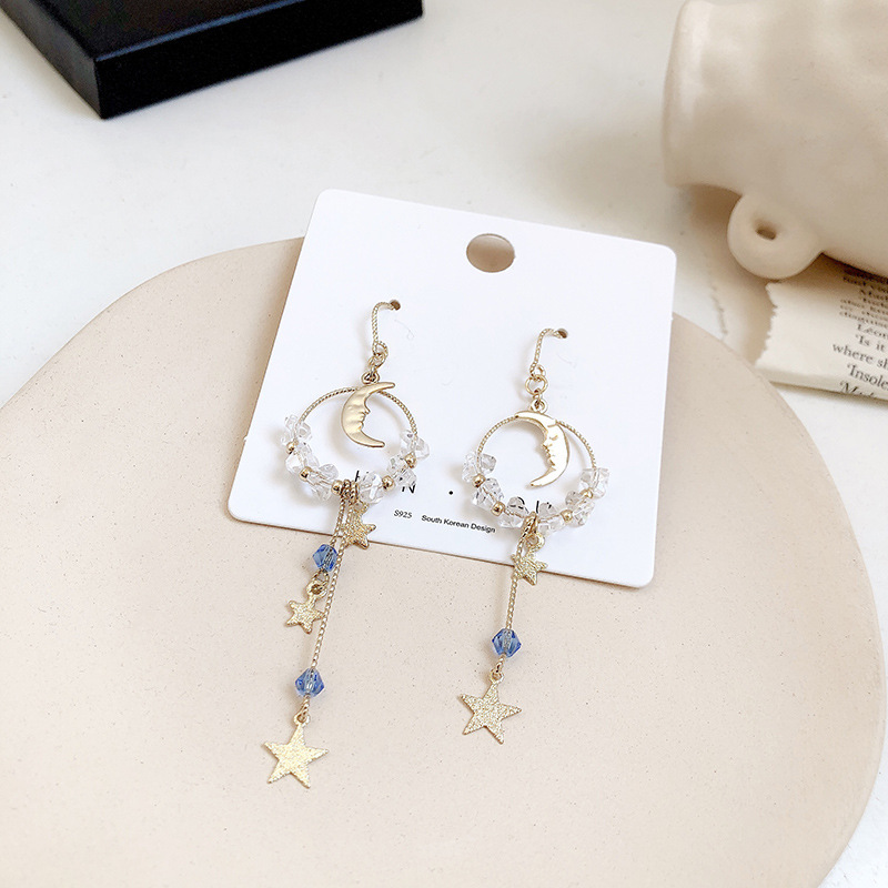 Koreanische Stern und Mondohrringe Kristall lange Ohrringe asymmetrische Ohrringe Grohandelpicture3