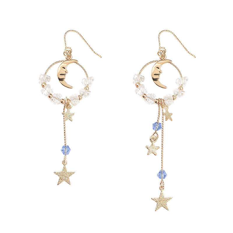 Korean star and moon earrings crystal long earrings asymmetric earrings wholesale