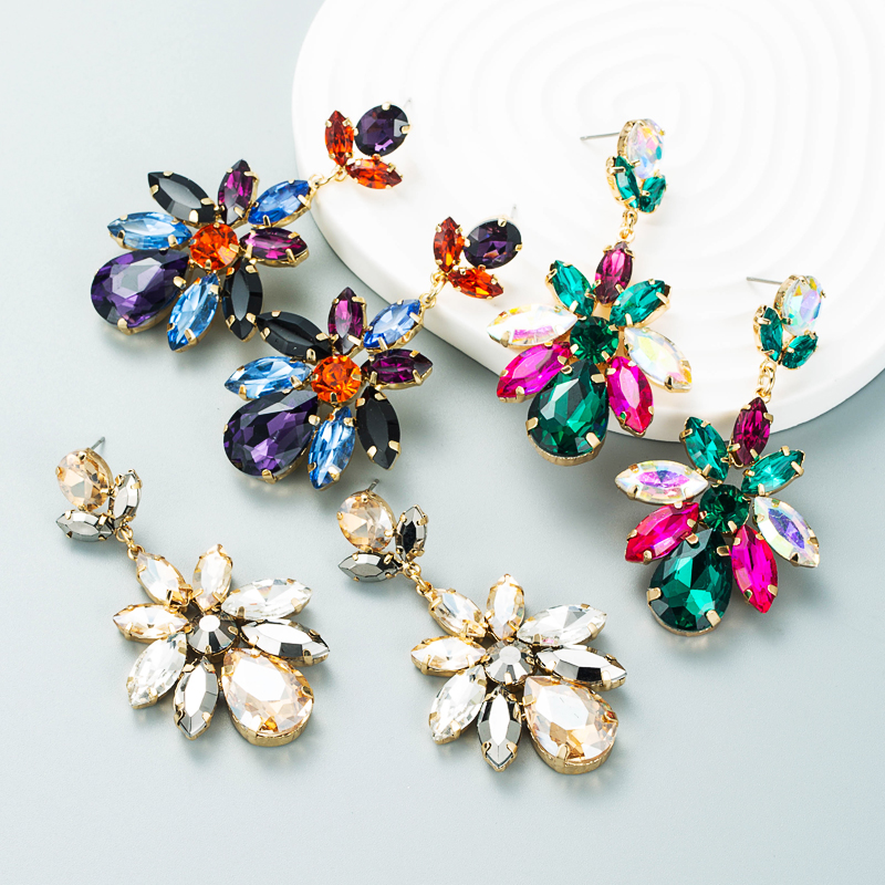 Fashion colored diamond series multilayer alloy diamondstudded glass diamond geometric flower earringspicture2