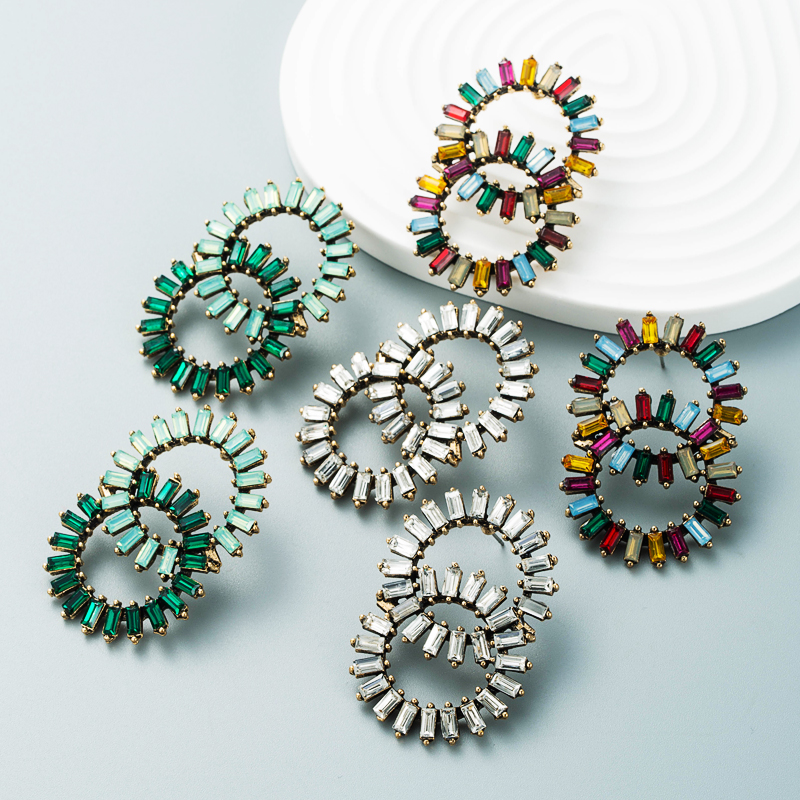 creative double ring radial alloy rhinestones sun flower earrings female wholesalepicture2