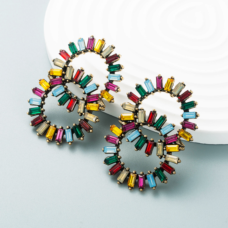 creative double ring radial alloy rhinestones sun flower earrings female wholesalepicture6